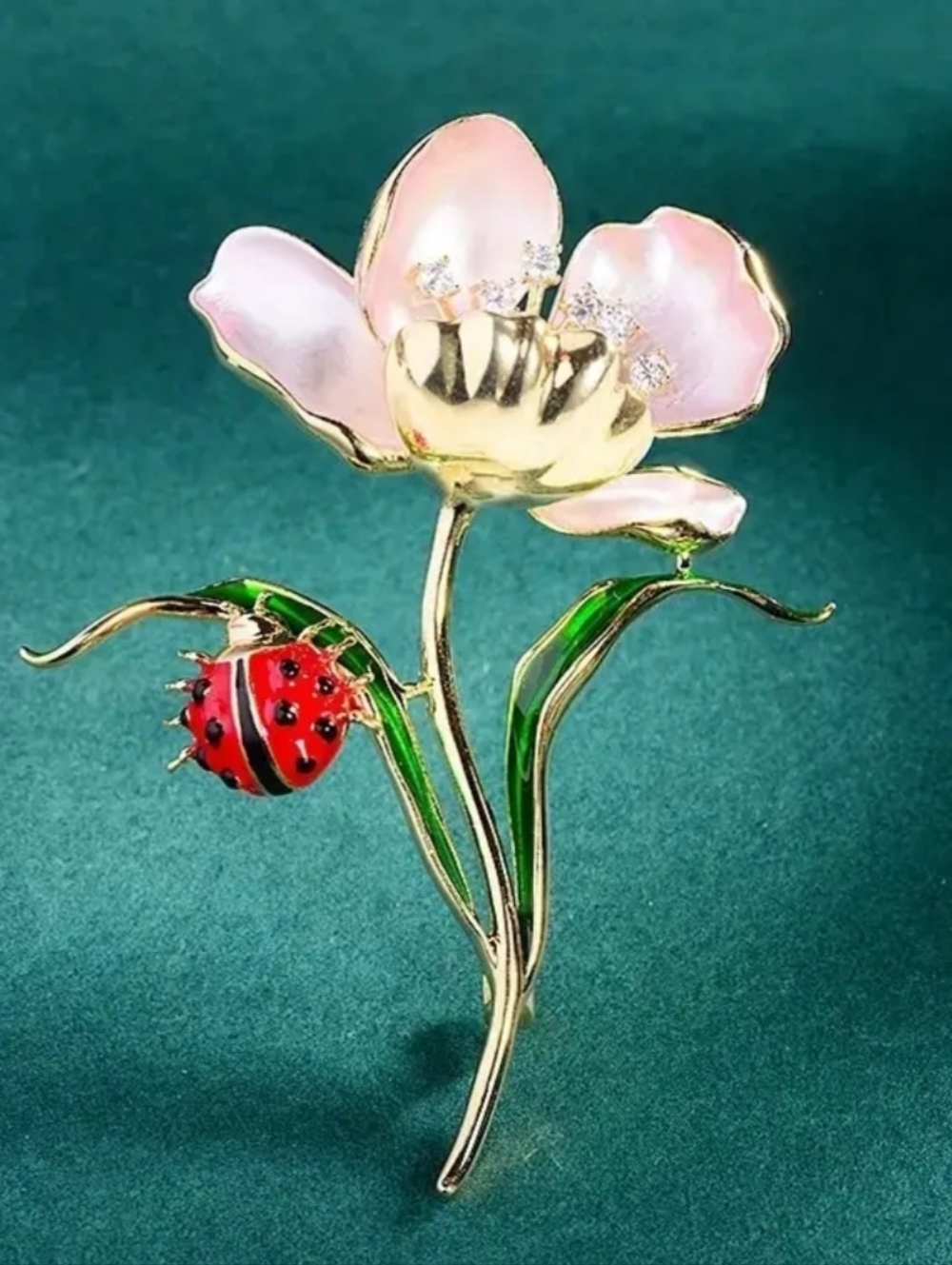 GoldTone Pink Floral Brooch with Red Ladybug  NWOT